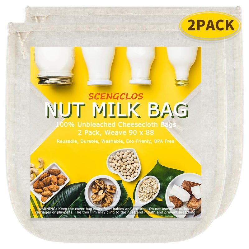 SCENGCLOS Nut Milk Bags(Upgraded, Weave 90x88), All Natural Cheesecloth Bags 12"x12" 2 Pack, 100% Unbleached Cotton Cloth Bags for Cheese/Tea/Yogurt/Juice/Wine/Soup/Herbs, Washable Reusable Almond Milk Strainer - Image 1